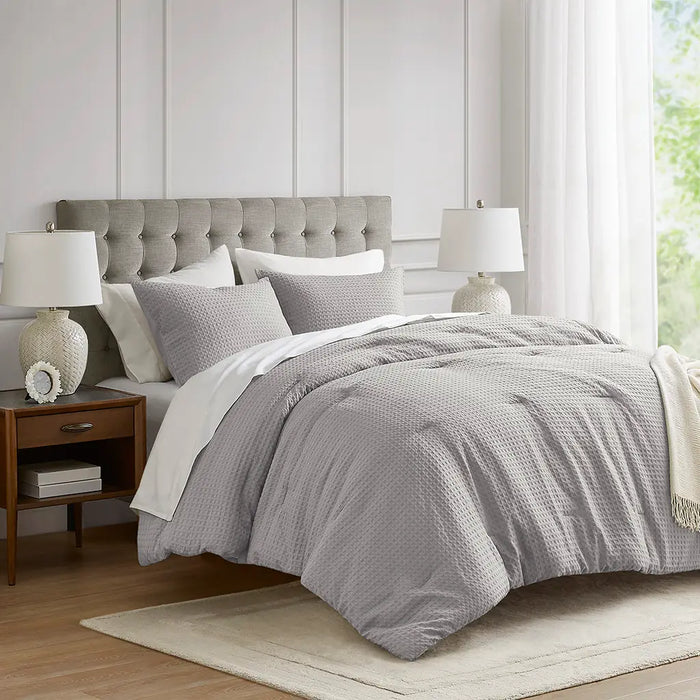 WAFFLE WEAVE TEXTURED ALL SEASON COMFORTER SET, LIGHT GREY