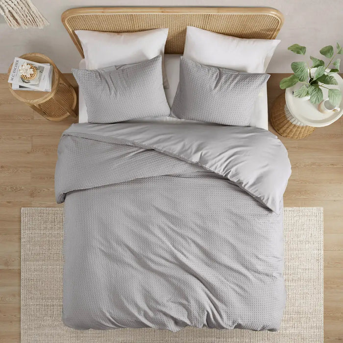 WAFFLE WEAVE TEXTURED ALL SEASON COMFORTER SET, LIGHT GREY