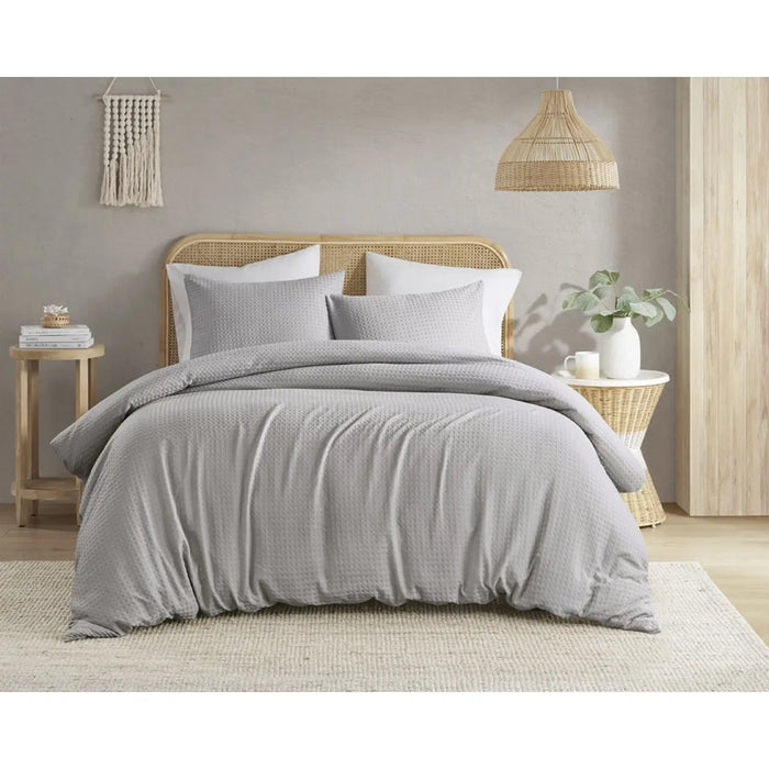 WAFFLE WEAVE TEXTURED ALL SEASON COMFORTER SET, LIGHT GREY