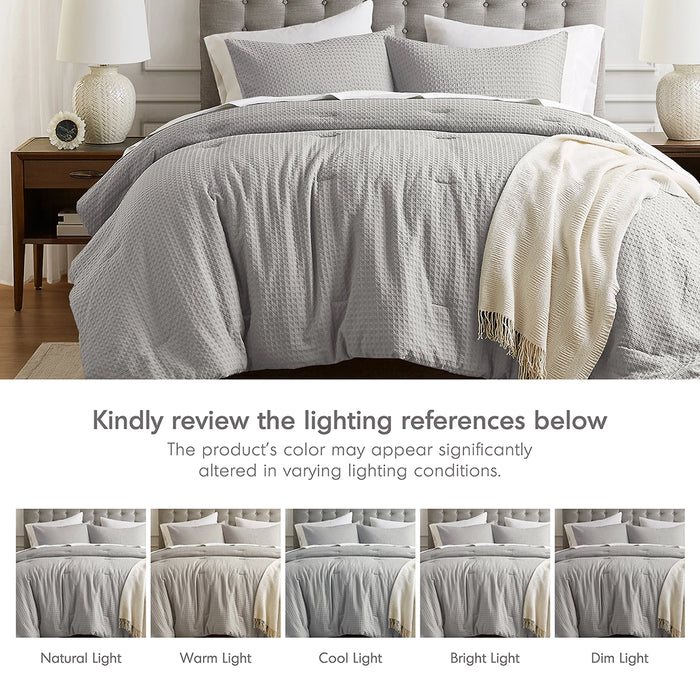 WAFFLE WEAVE TEXTURED ALL SEASON COMFORTER SET, LIGHT GREY