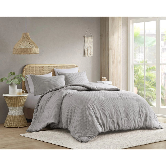 WAFFLE WEAVE TEXTURED ALL SEASON COMFORTER SET, LIGHT GREY