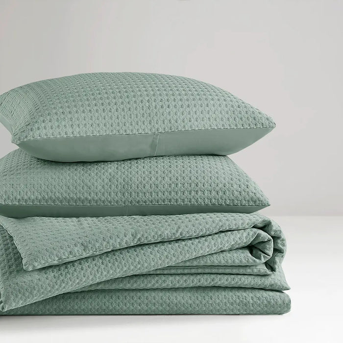 WAFFLE WEAVE TEXTURED ALL SEASON COMFORTER SET, SAGE GREEN