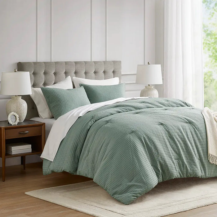 WAFFLE WEAVE TEXTURED ALL SEASON COMFORTER SET, SAGE GREEN