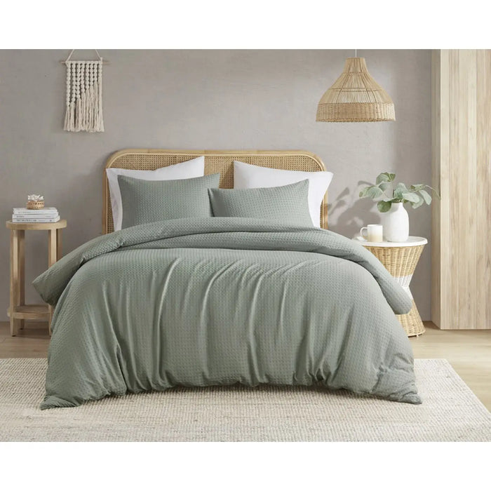WAFFLE WEAVE TEXTURED ALL SEASON COMFORTER SET, SAGE GREEN