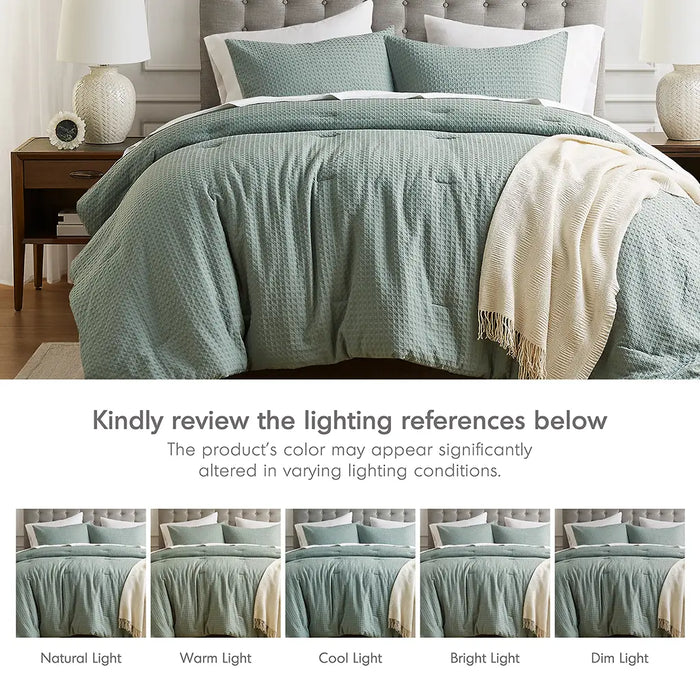 WAFFLE WEAVE TEXTURED ALL SEASON COMFORTER SET, SAGE GREEN