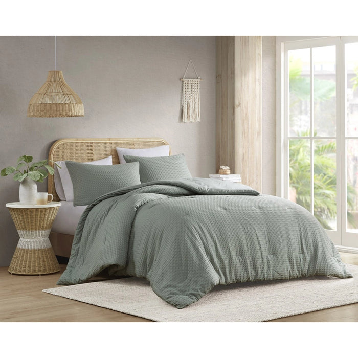 WAFFLE WEAVE TEXTURED ALL SEASON COMFORTER SET, SAGE GREEN