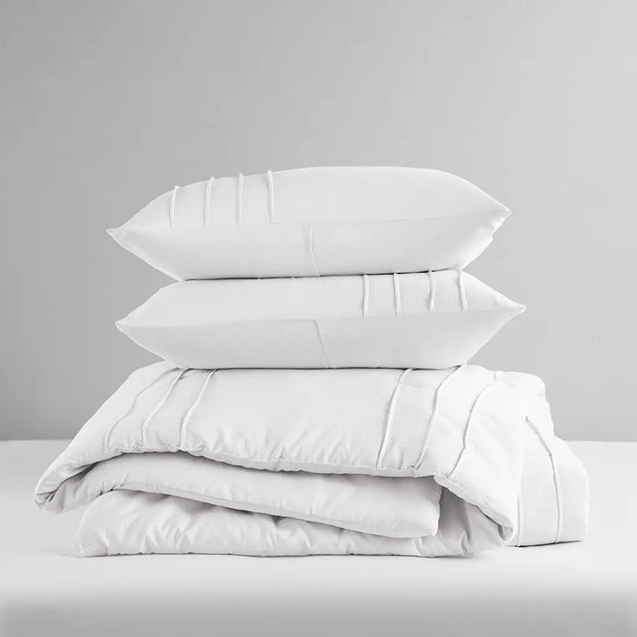 GRID PATTERN SOFT WASHED PLEATED DUVET COVER SET, WHITE