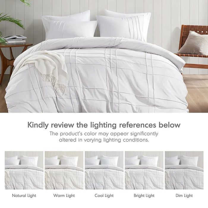 GRID PATTERN SOFT WASHED PLEATED DUVET COVER SET, WHITE
