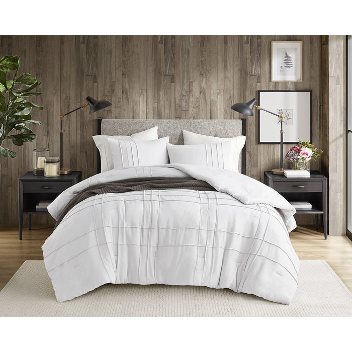 GRID PATTERN SOFT WASHED PLEATED DUVET COVER SET, WHITE
