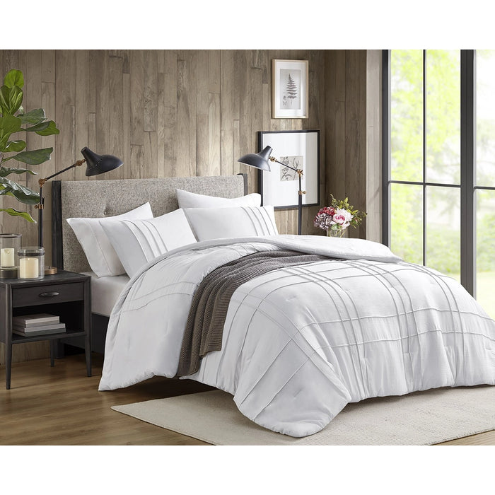GRID PATTERN SOFT WASHED PLEATED DUVET COVER SET, WHITE