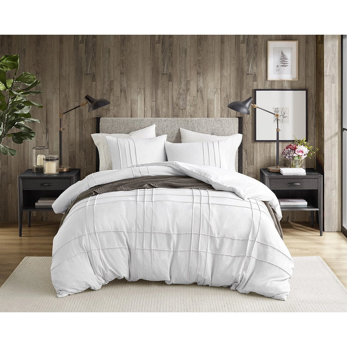GRID PATTERN SOFT WASHED PLEATED DUVET COVER SET, WHITE
