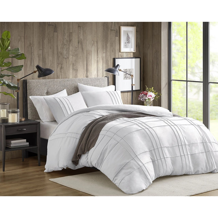 GRID PATTERN SOFT WASHED PLEATED DUVET COVER SET, WHITE