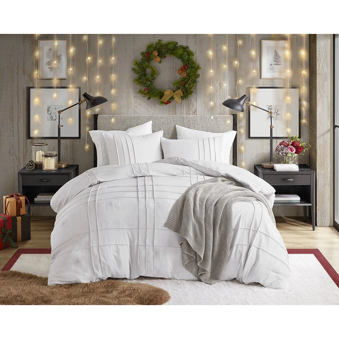 GRID PATTERN SOFT WASHED PLEATED DUVET COVER SET, WHITE