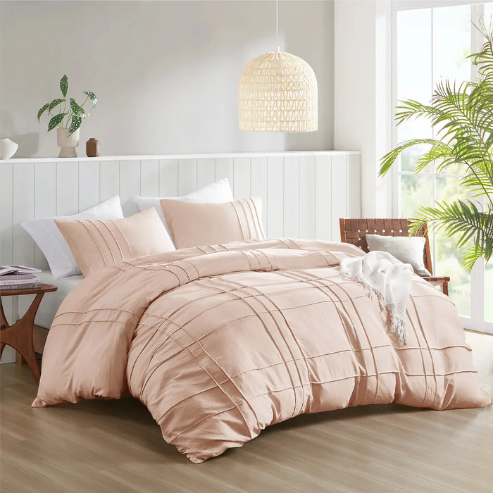 GRID PATTERN SOFT WASHED PLEATED DUVET COVER SET, BLUSH