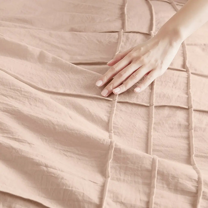 GRID PATTERN SOFT WASHED PLEATED DUVET COVER SET, BLUSH