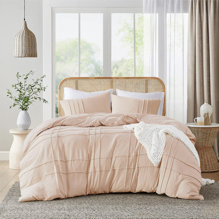 GRID PATTERN SOFT WASHED PLEATED DUVET COVER SET, BLUSH