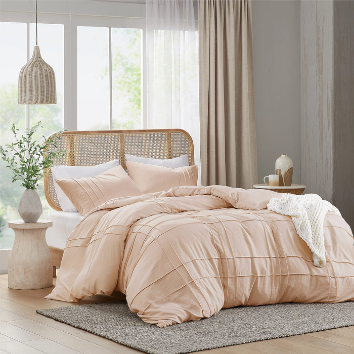 GRID PATTERN SOFT WASHED PLEATED DUVET COVER SET, BLUSH