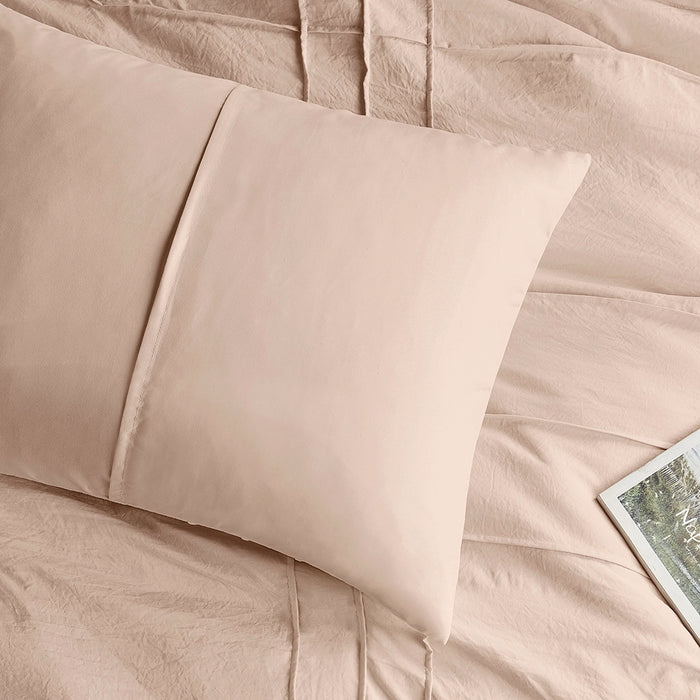 GRID PATTERN SOFT WASHED PLEATED DUVET COVER SET, BLUSH