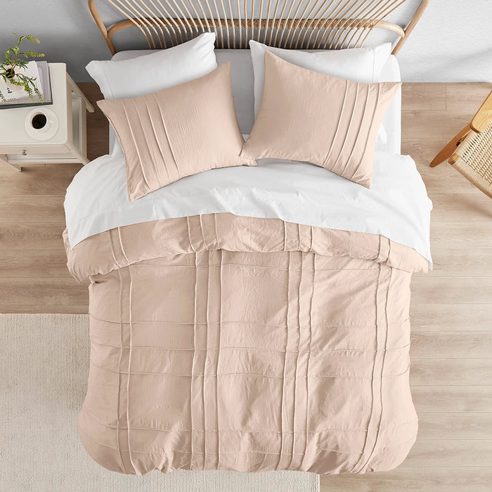 GRID PATTERN SOFT WASHED PLEATED DUVET COVER SET, BLUSH
