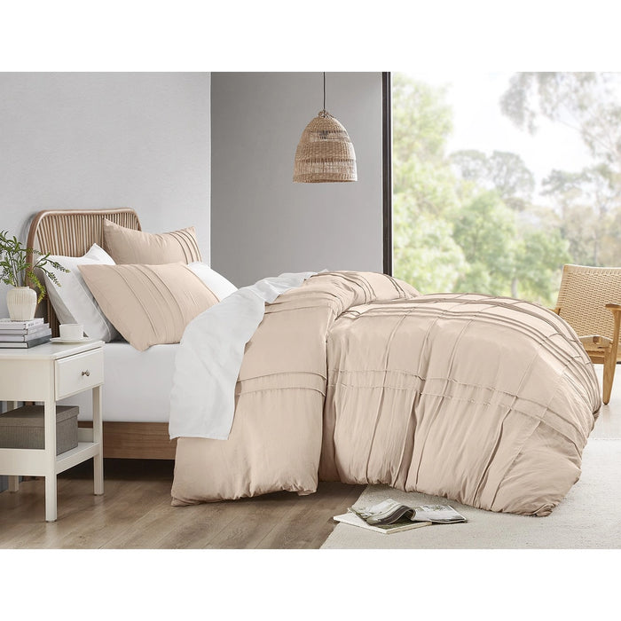 GRID PATTERN SOFT WASHED PLEATED DUVET COVER SET, BLUSH