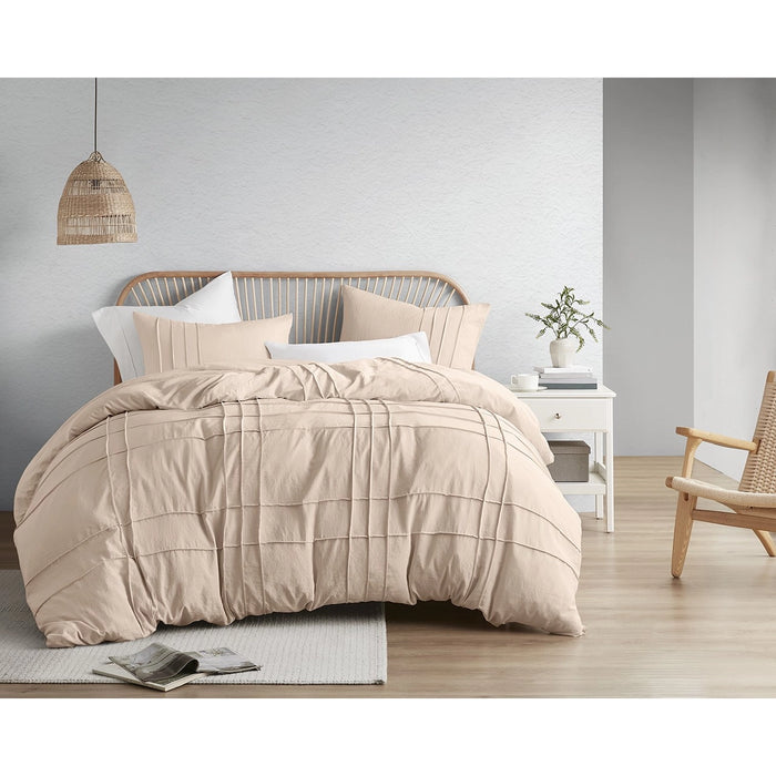 GRID PATTERN SOFT WASHED PLEATED DUVET COVER SET, BLUSH