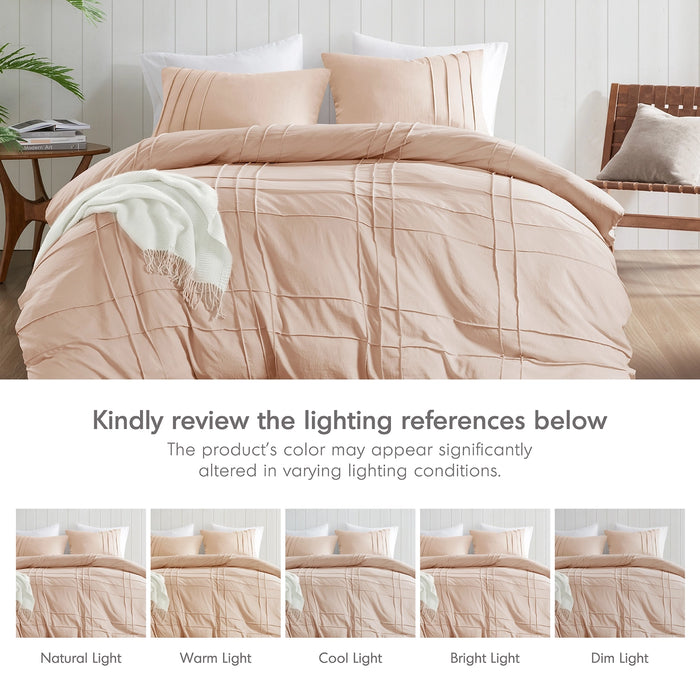 GRID PATTERN SOFT WASHED PLEATED DUVET COVER SET, BLUSH