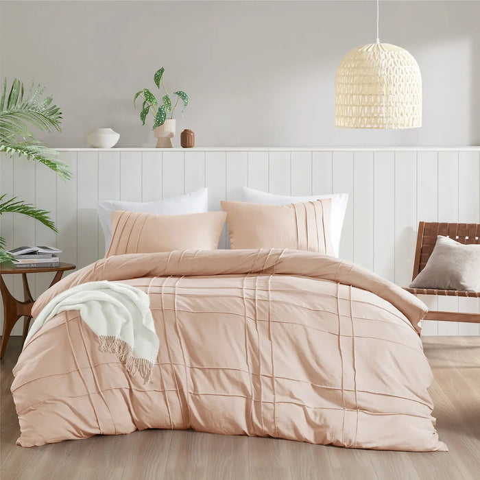 GRID PATTERN SOFT WASHED PLEATED DUVET COVER SET, BLUSH
