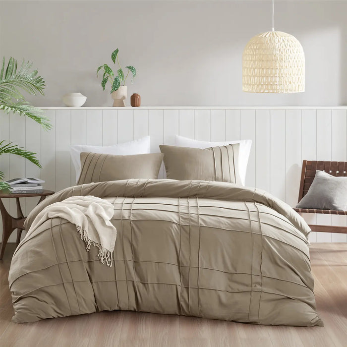 GRID PATTERN SOFT WASHED PLEATED DUVET COVER SET, KHAKI