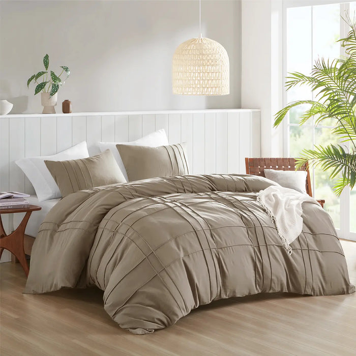 GRID PATTERN SOFT WASHED PLEATED DUVET COVER SET, KHAKI