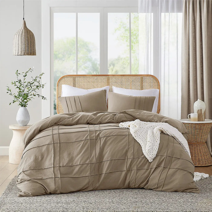 GRID PATTERN SOFT WASHED PLEATED DUVET COVER SET, KHAKI