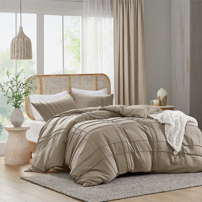 GRID PATTERN SOFT WASHED PLEATED DUVET COVER SET, KHAKI