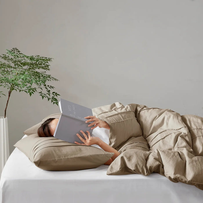 GRID PATTERN SOFT WASHED PLEATED DUVET COVER SET, KHAKI