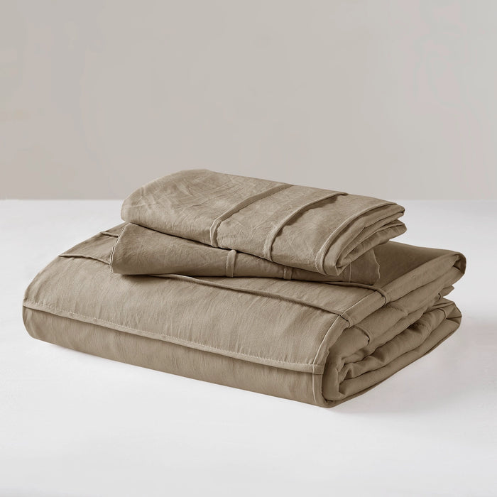 GRID PATTERN SOFT WASHED PLEATED DUVET COVER SET, KHAKI