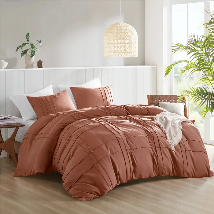GRID PATTERN SOFT WASHED PLEATED DUVET COVER SET, CLAY