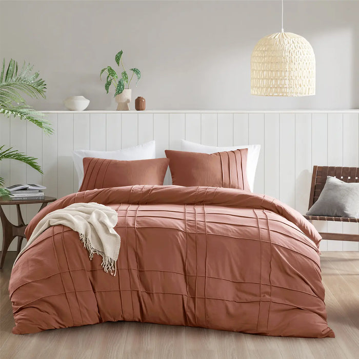 GRID PATTERN SOFT WASHED PLEATED DUVET COVER SET, CLAY