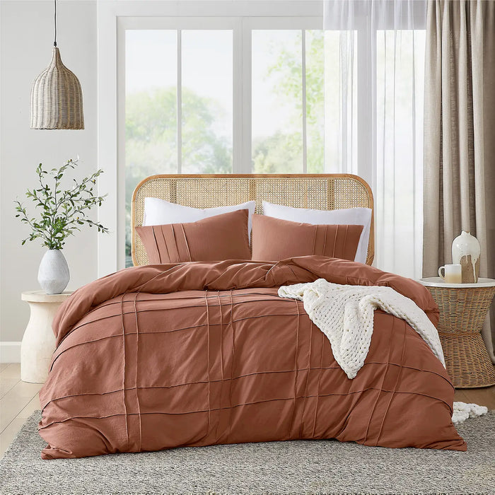 GRID PATTERN SOFT WASHED PLEATED DUVET COVER SET, CLAY
