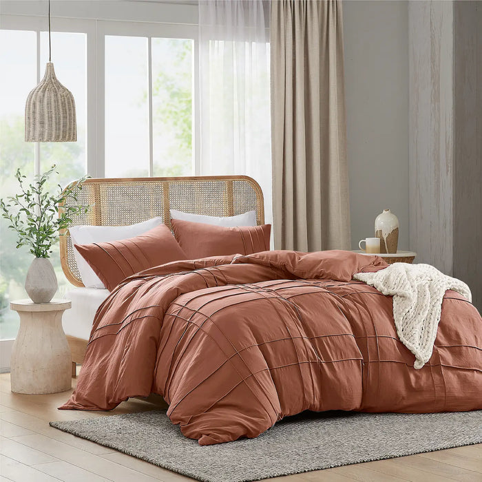 GRID PATTERN SOFT WASHED PLEATED DUVET COVER SET, CLAY