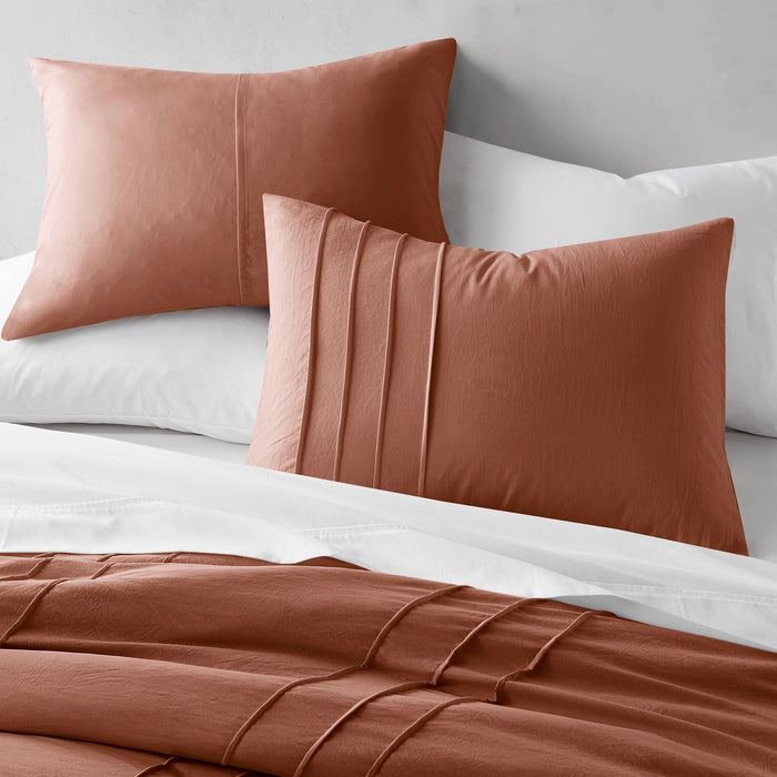 GRID PATTERN SOFT WASHED PLEATED DUVET COVER SET, CLAY