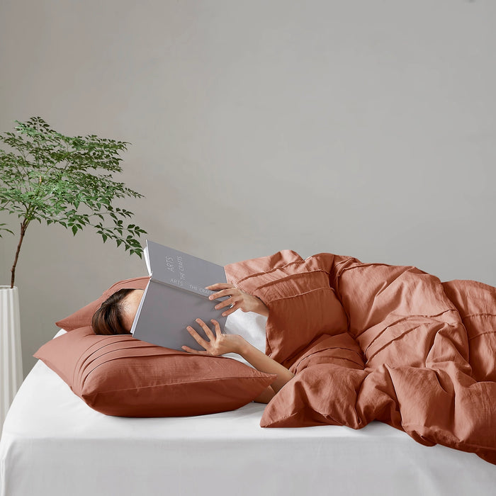 GRID PATTERN SOFT WASHED PLEATED DUVET COVER SET, CLAY