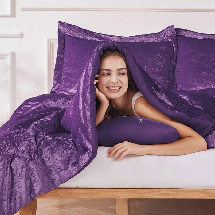 CRUSHED VELVET 4-PIECE COMFORTER SET, PURPLE