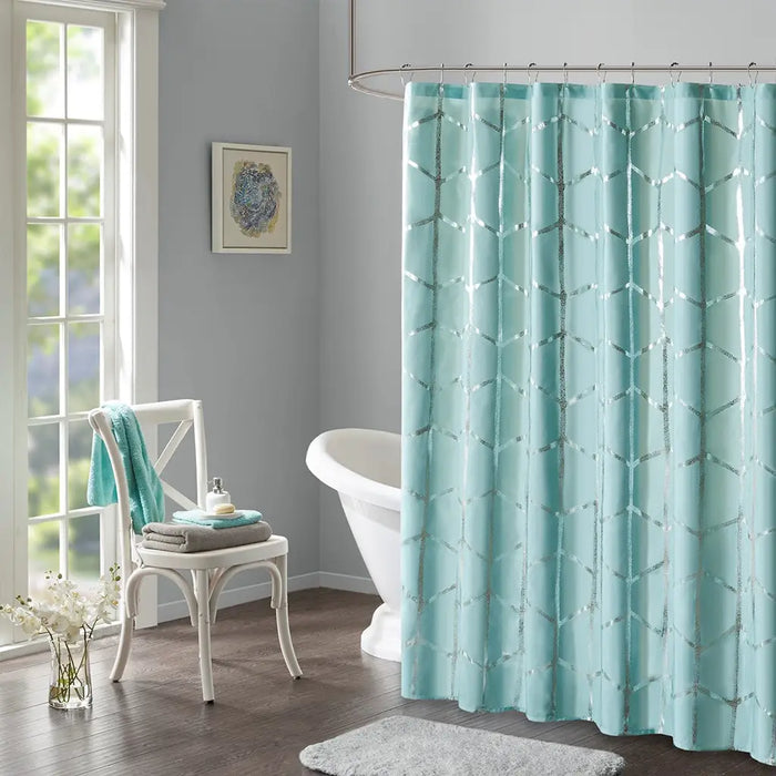 GEO METALLIC SHOWER CURTAIN, AQUA BLUE/SILVER