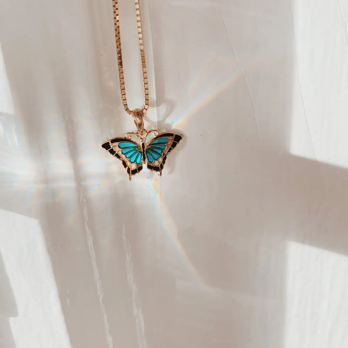 14K SMALL AQUA BLUE ENAMELED WINGS BUTTERFLY CHARM