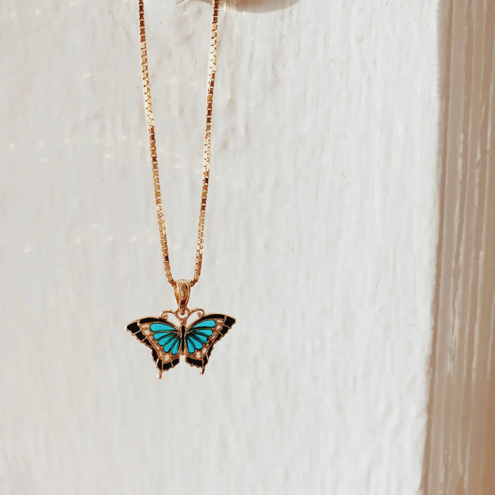 14K SMALL AQUA BLUE ENAMELED WINGS BUTTERFLY CHARM