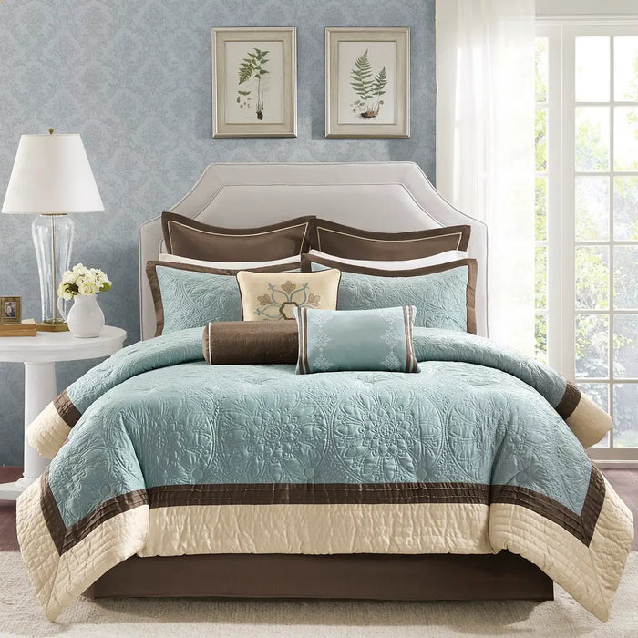 EMBROIDERED QUILTED CHARMEUSE 9-PIECE COMFORTER SET