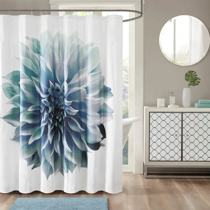 LARGE FLORAL COTTON PERCALE SHOWER CURTAIN, AQUA BLUE