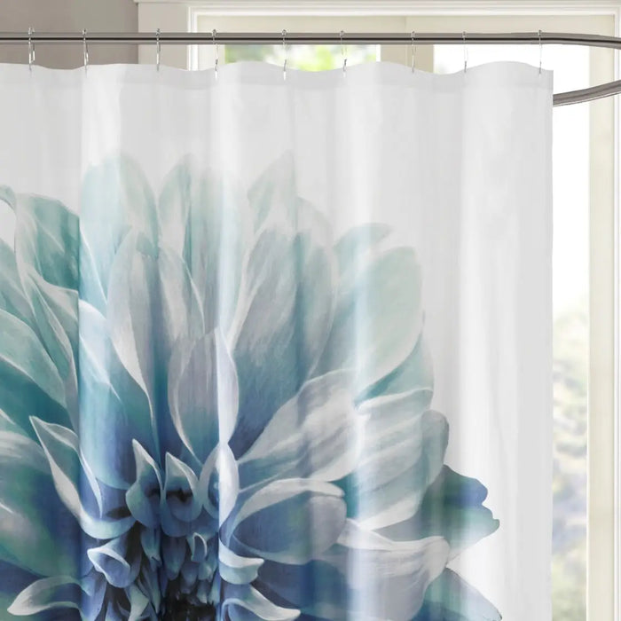 LARGE FLORAL COTTON PERCALE SHOWER CURTAIN, AQUA BLUE