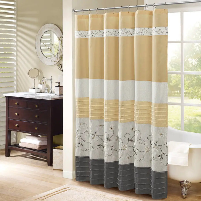 FAUX SILK EMBROIDERED SHOWER CURTAIN, CREAMY YELLOW/GREY