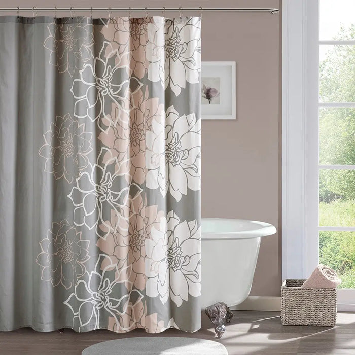LARGE FLORAL PRINT SHOWER CURTAIN, GREY/BLUSH