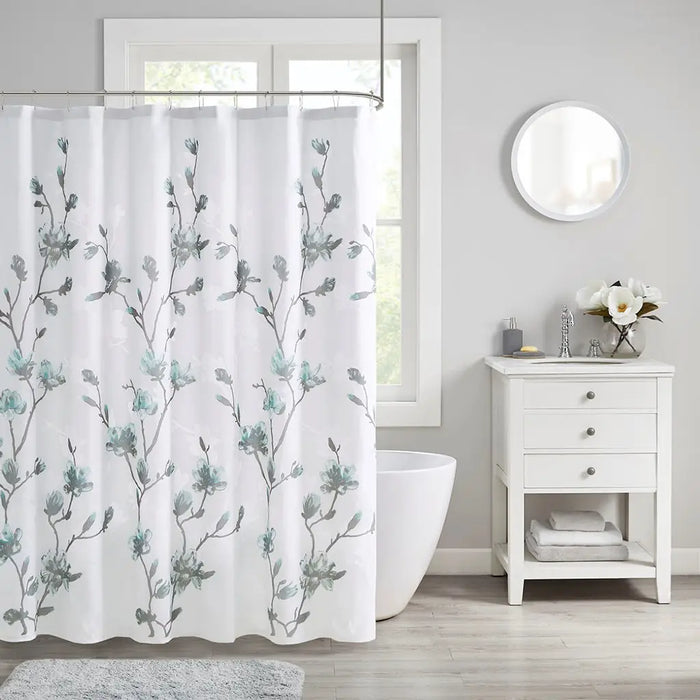 DEVORE FLORAL SHOWER CURTAIN, AQUA BLUE