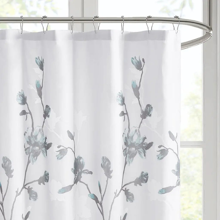 DEVORE FLORAL SHOWER CURTAIN, AQUA BLUE